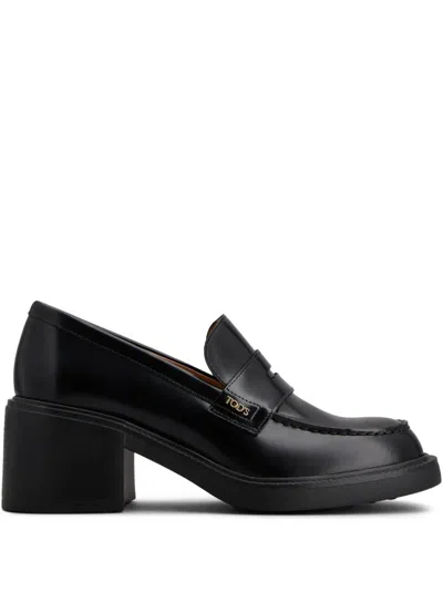 Tod's Leather Block Heel Loafers With Round Toe