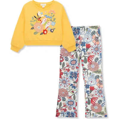 Peek Aren't You Curious Kids' Butterfly Garden Embroidered Sweatshirt & Floral Print Knit Pants Set In Blue