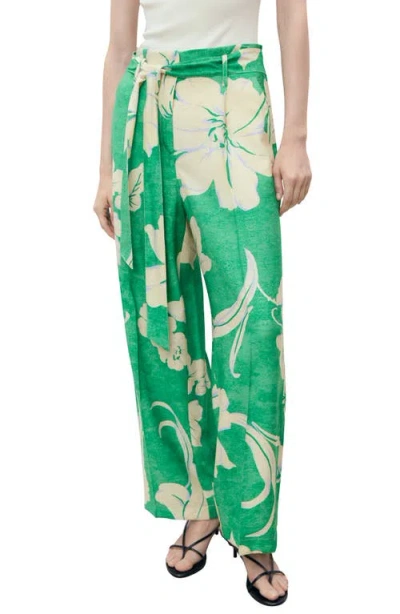 Mango Floral Belted Pants In Green