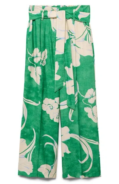 Mango Floral Belted Pants In Green