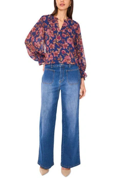 Vince Camuto Floral Split Neck Top In Multi
