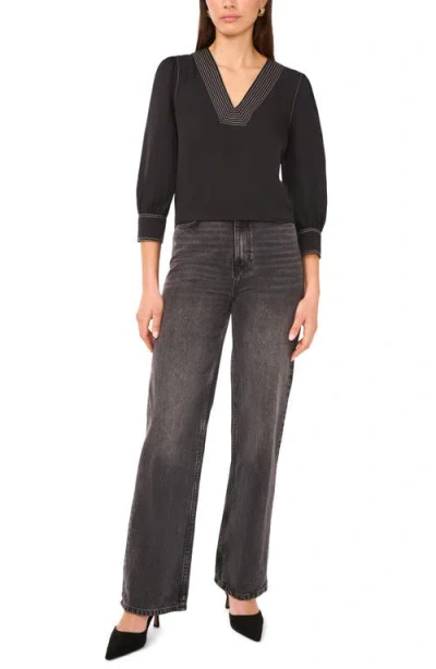 Vince Camuto Topstitched V-neck Jersey Top In Black