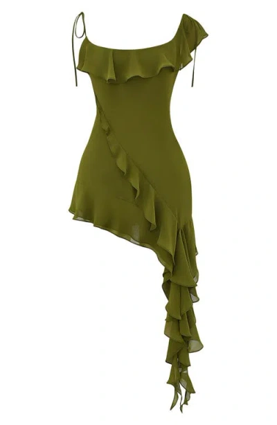 House Of Cb Ruffle Drape Asymmetric Minidress In Green