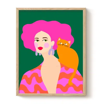 The Paper Tail Pink Hair Girl - Cat Art Print - Medium