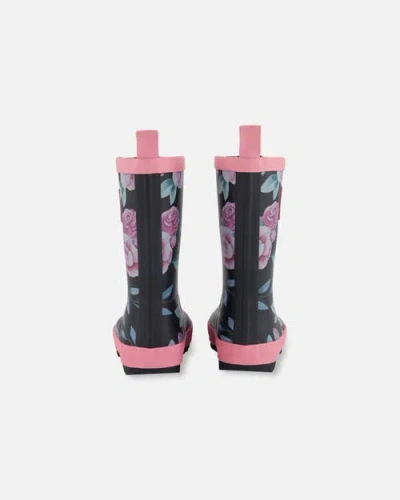 Deux Par Deux Girl's Printed Rain Boots Pink, Black, And Flowers In Black
