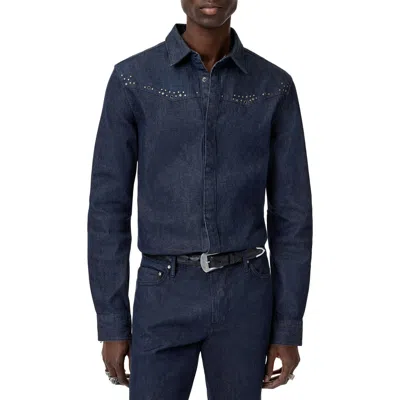 John Varvatos Studded Western Denim Snap-up Shirt In Blue