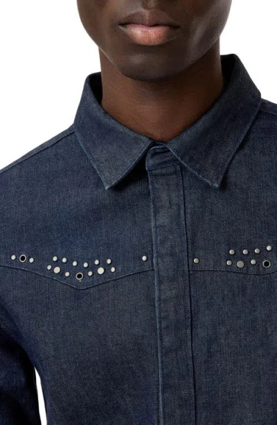 John Varvatos Studded Western Denim Snap-up Shirt In Blue