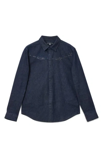 John Varvatos Studded Western Denim Snap-up Shirt In Blue