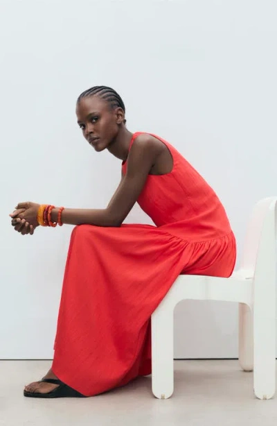 Mango Long Dress With Gathered Hem Intense Red In Red