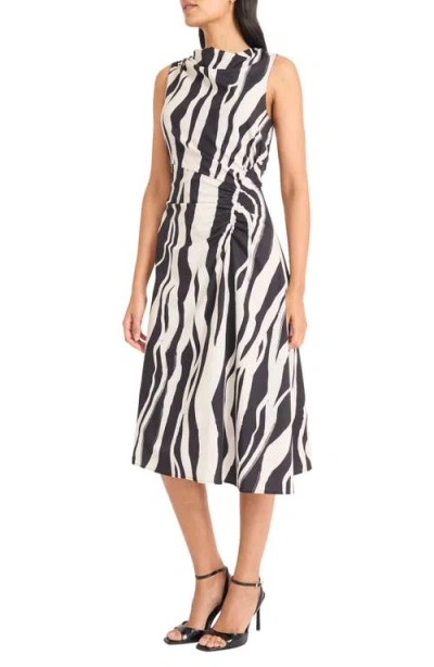 Maggy London Print Sleeveless Asymmetric Ruched Midi Dress