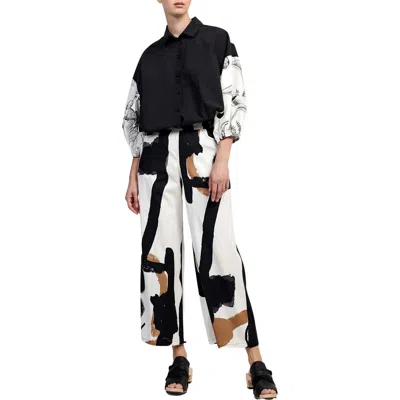 Alembika Mixed Print Button-up Shirt With Puff Sleeves In Black