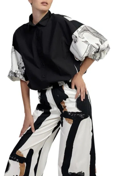 Alembika Mixed Print Button-up Shirt With Puff Sleeves In Black