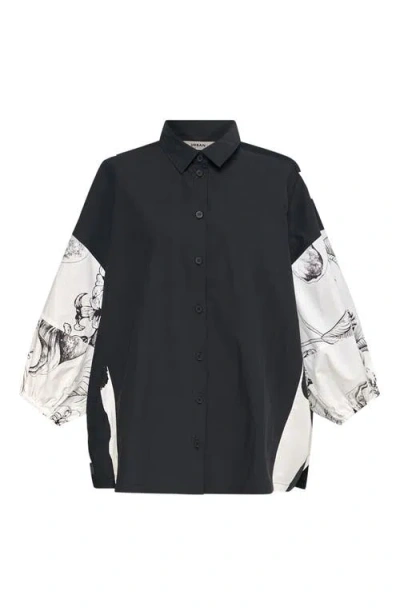 Alembika Mixed Print Button-up Shirt With Puff Sleeves In Black