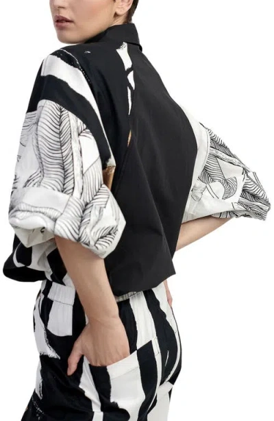 Alembika Mixed Print Button-up Shirt With Puff Sleeves In Black