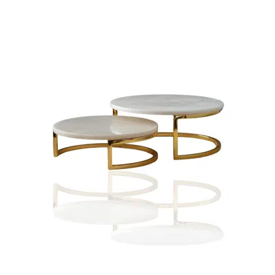 Marleth Gold / White Set Of Two White Marble Serving Stands With Brass Legs