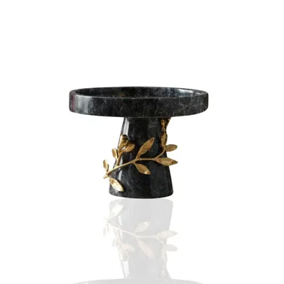 Marleth Gold / Black Grey Marble Pedestal Stand With Gold Leaf Detail