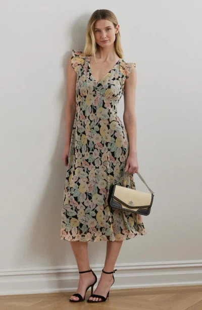 Ralph Lauren Lauren  Floral Print Flutter Sleeve Georgette Midi Dress In Multi