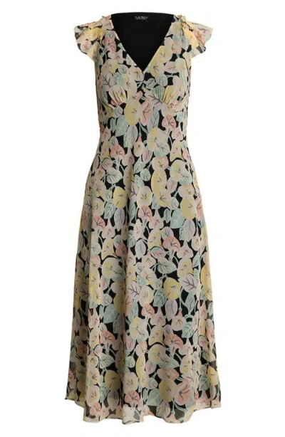 Ralph Lauren Lauren  Floral Print Flutter Sleeve Georgette Midi Dress In Multi