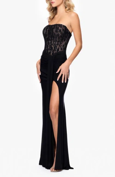 Betsy & Adam Sequin Lace Bodice Strapless Gown
