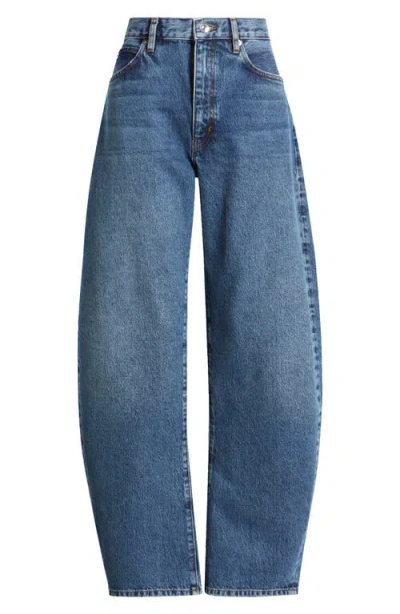 Frame The Bubble Crop Frayed High-rise Barrel-leg Jeans In Blue