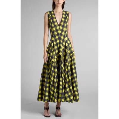 Bottega Veneta Macro Gingham Fit + Flare Dress In Yellow