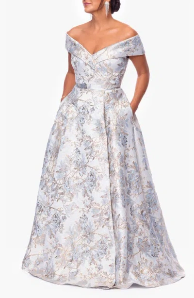 Xscape Evenings Metallic Floral Brocade Off The Shoulder Ball Gown