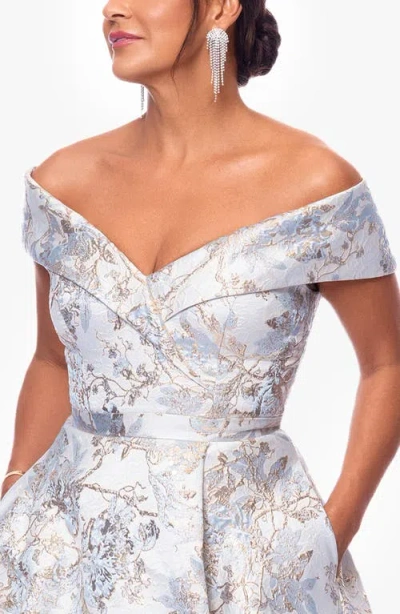 Xscape Evenings Metallic Floral Brocade Off The Shoulder Ball Gown