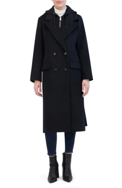 Rebecca Minkoff Double Breasted Longline Coat With Jersey Hooded Bib In Black