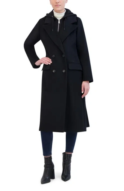 Rebecca Minkoff Double Breasted Longline Coat With Jersey Hooded Bib In Black