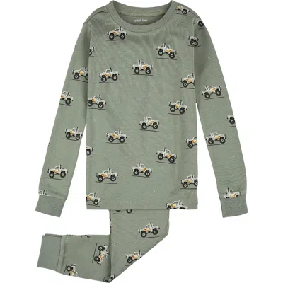 Petit Lem Kids' Monster Truck Print Fitted Two-piece Organic Cotton Rib Pajamas In Gray