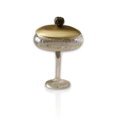 Marleth Gold / White Large Gold Footed Glass Serving Stand With Brass Lid & Black Handle