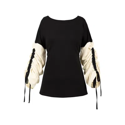 Alina Cernatescu Women's Black / Neutrals Salem Cotton Black Beige Statement Sleeves Adjustable Sweater Office Daywea
