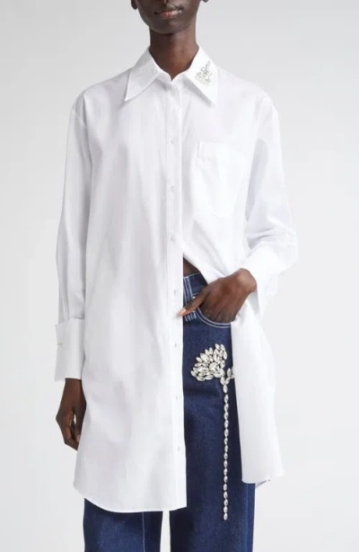 Simone Rocha Crystal Carnation Long Cotton Poplin Button-up Shirt In White