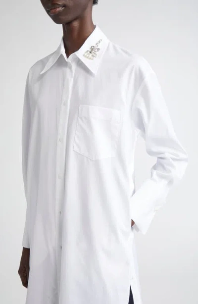 Simone Rocha Crystal Carnation Long Cotton Poplin Button-up Shirt In White