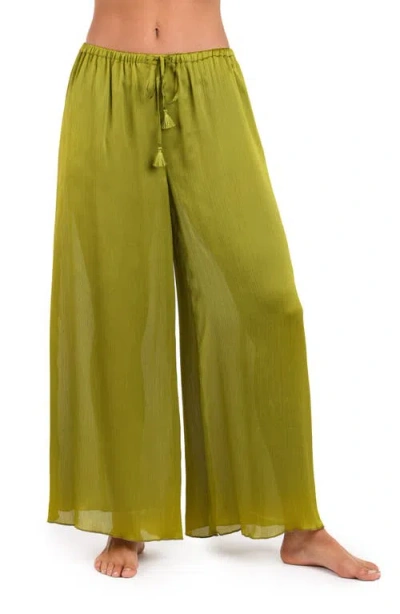 Sunshine 79 Radiance Textured Satin Cover-up Palazzo Pants In Green