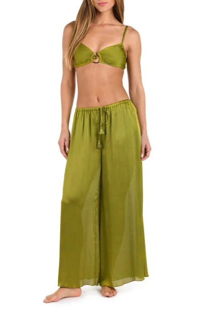 Sunshine 79 Radiance Textured Satin Cover-up Palazzo Pants In Green