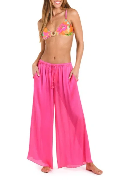 Sunshine 79 Radiance Textured Satin Cover-up Palazzo Pants In Pink