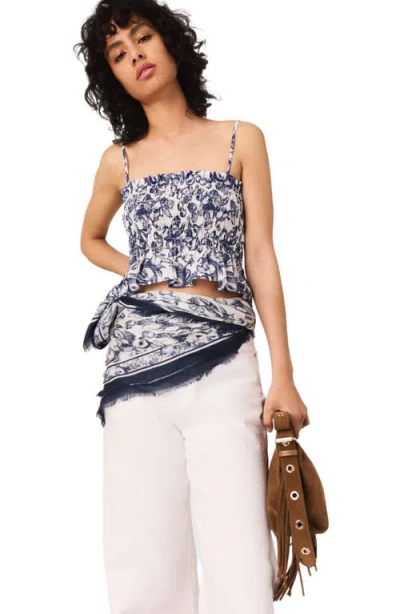 Maje Printed Smocked Top In Blue