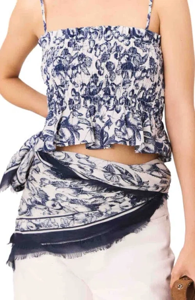 Maje Printed Smocked Top In Blue