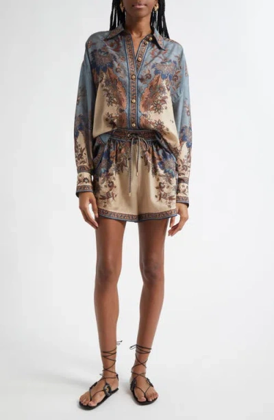 Zimmermann Womens Blue Cream Indienne Ascension Manstyle Graphic-pattern Silk Shirt