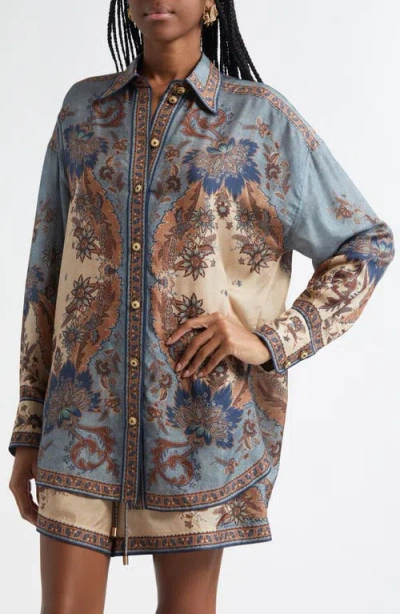 Zimmermann Womens Blue Cream Indienne Ascension Manstyle Graphic-pattern Silk Shirt
