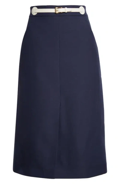 Valentino Garavani Belted Virgin Wool & Silk Midi Skirt In Blue