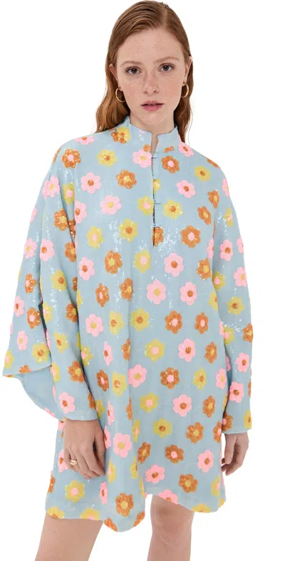 La Vie Style House Floral Sequin Mini Caftan Blue Multi In Blue