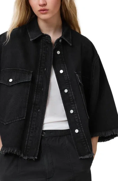 Allsaints Faye Oversize Frayed Hem Denim Button-up Shirt In Black