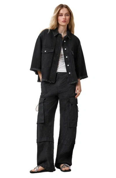 Allsaints Faye Oversize Frayed Hem Denim Button-up Shirt In Black