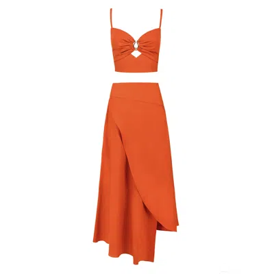 Alina Cernatescu Yellow / Orange Flare Bamboo Linen Cutout Statement Top & Asymmetric Holiday Resort Midi Skirt