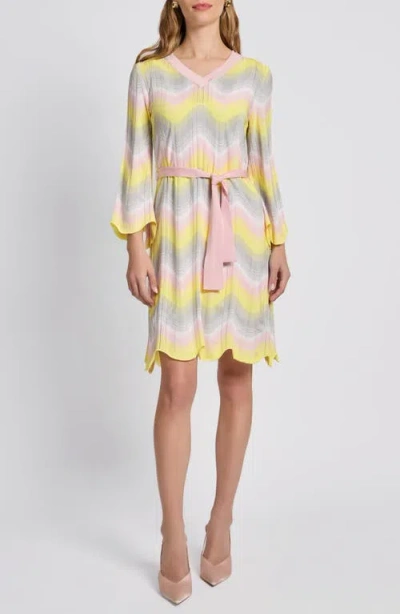 Ming Wang Chevron Pointelle Tie Waist Long Sleeve Dress