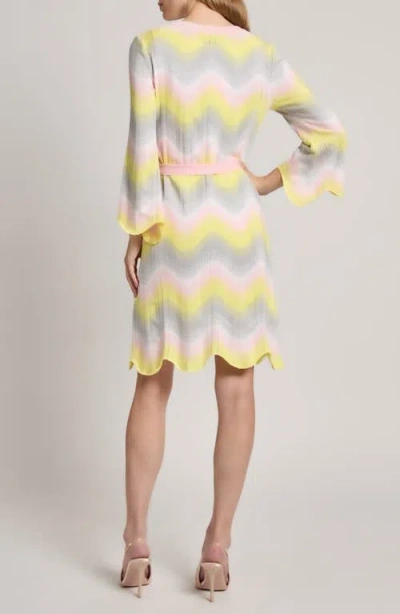 Ming Wang Chevron Pointelle Tie Waist Long Sleeve Dress