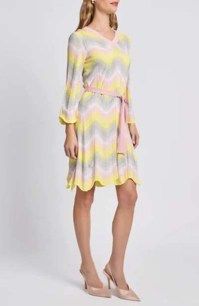 Ming Wang Chevron Pointelle Tie Waist Long Sleeve Dress