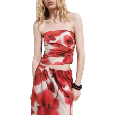 Mango Floral Strapless Cotton Top In Red